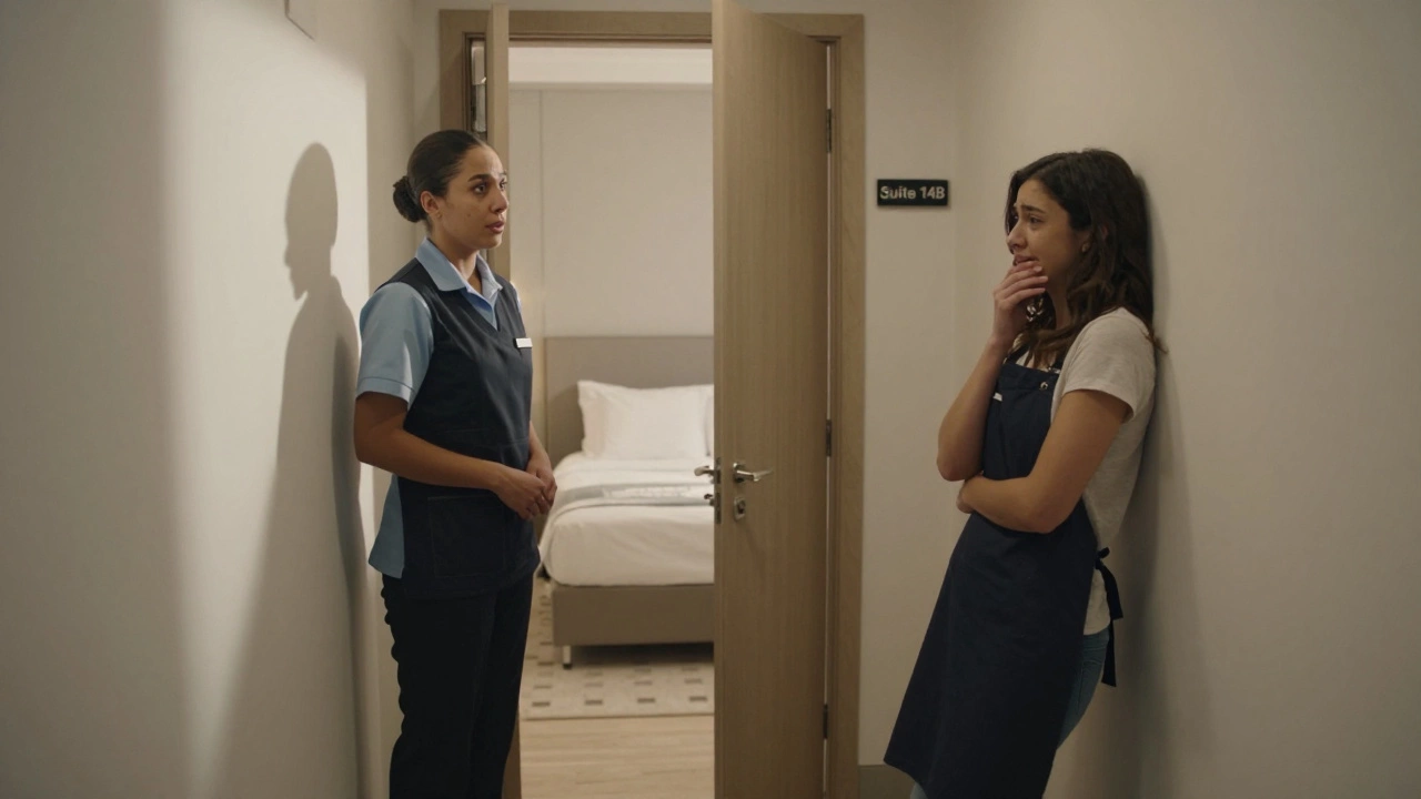 A cleaner notices a woman crying in a luxury apartment hallway, their silent moment frozen in morning light.