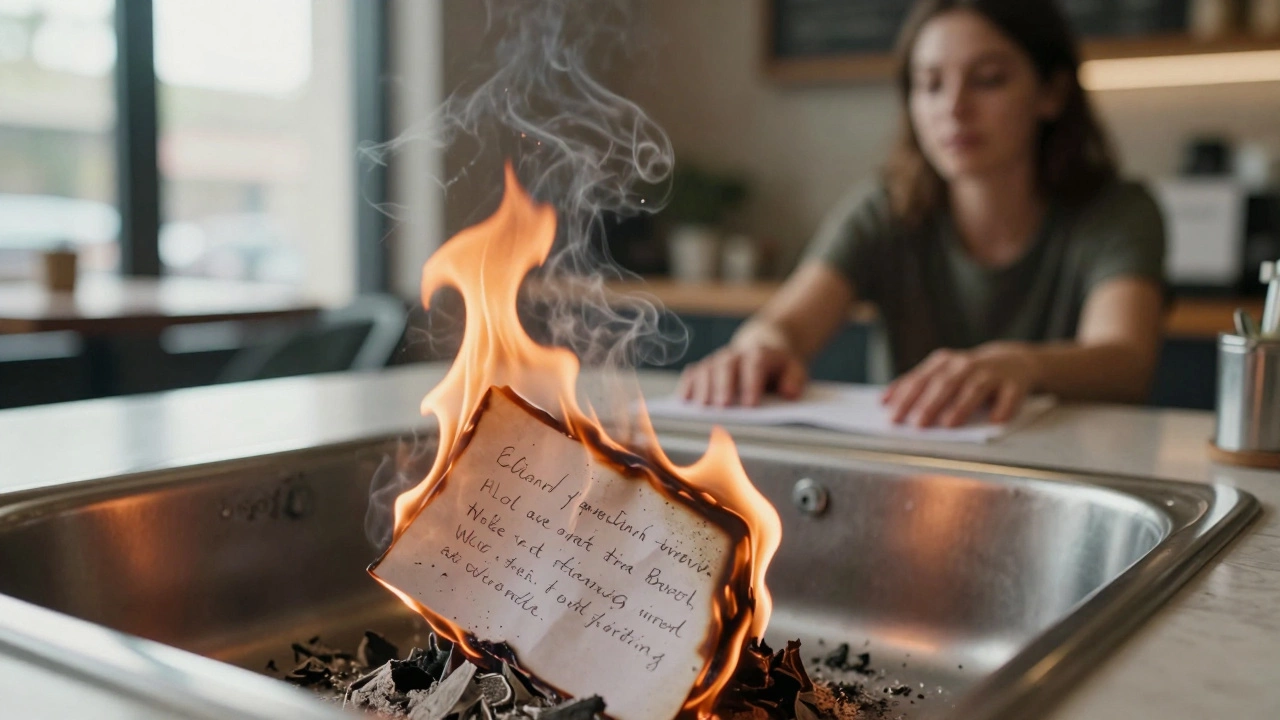 A piece of paper burns in a sink, ash swirling as a woman works quietly in a Perth café.