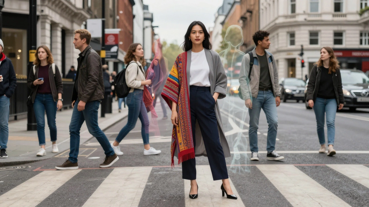 A woman stands at a London crosswalk, surrounded by floating cultural memories, symbolizing hidden stories behind appearances.