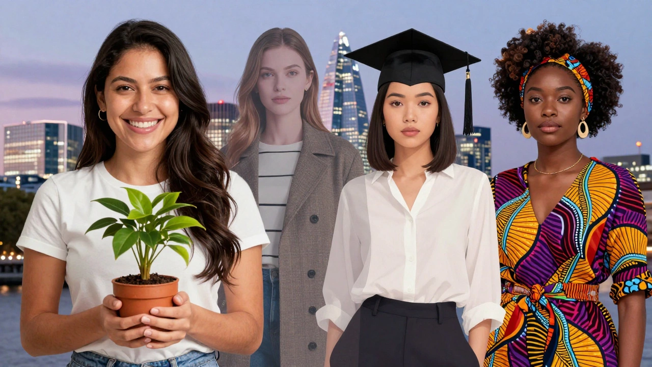 Cultural silhouettes blend around a woman in a London skyline, representing diverse heritage and identity.