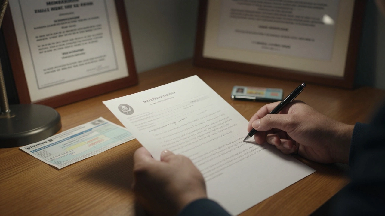 Hands exchanging a membership application with ID and utility bill on a wooden desk under soft lamplight.